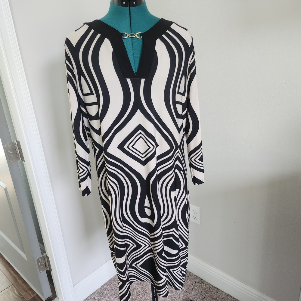 Tiana B. Shift Dress Womens XL Ivory Black Geometric Midi 3/4 Sleeve V-Neck